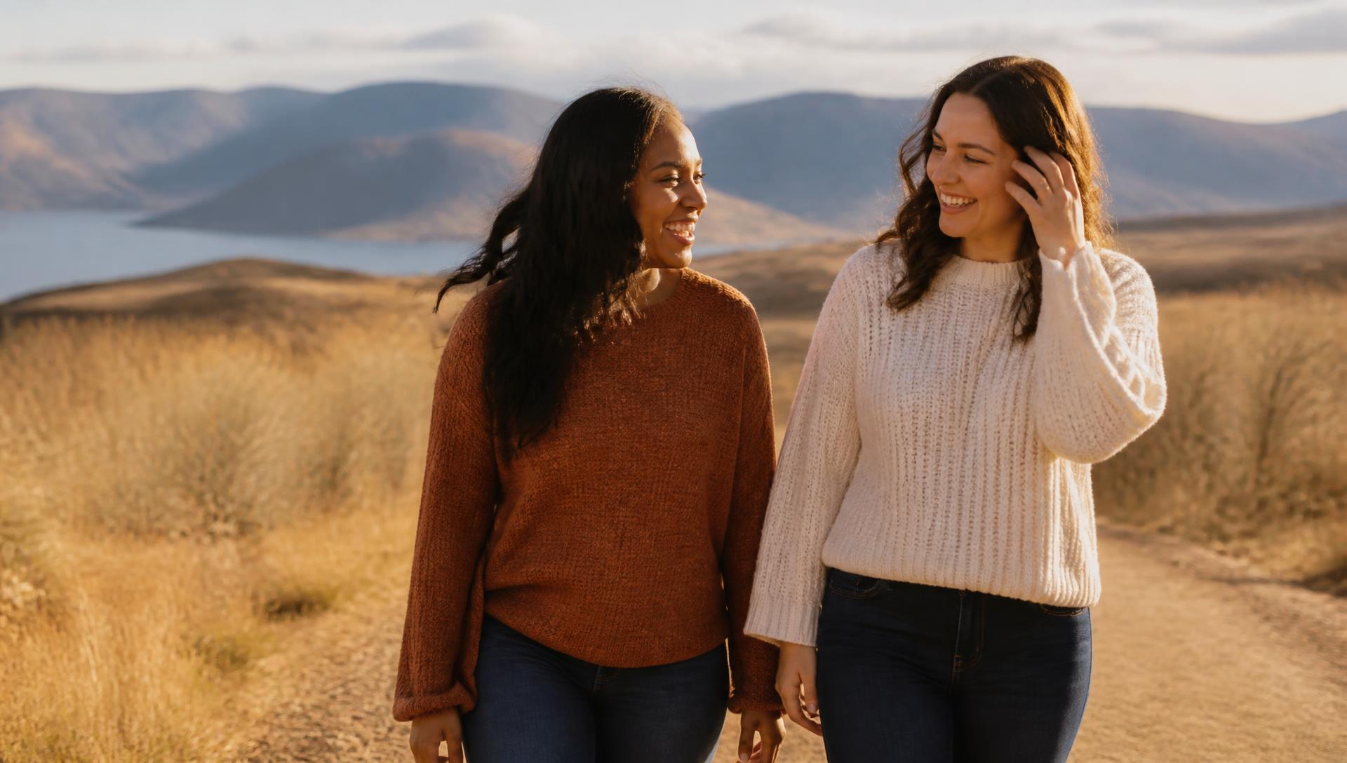 Two women walking together in the Bear Lake Valley landscape, laughing
