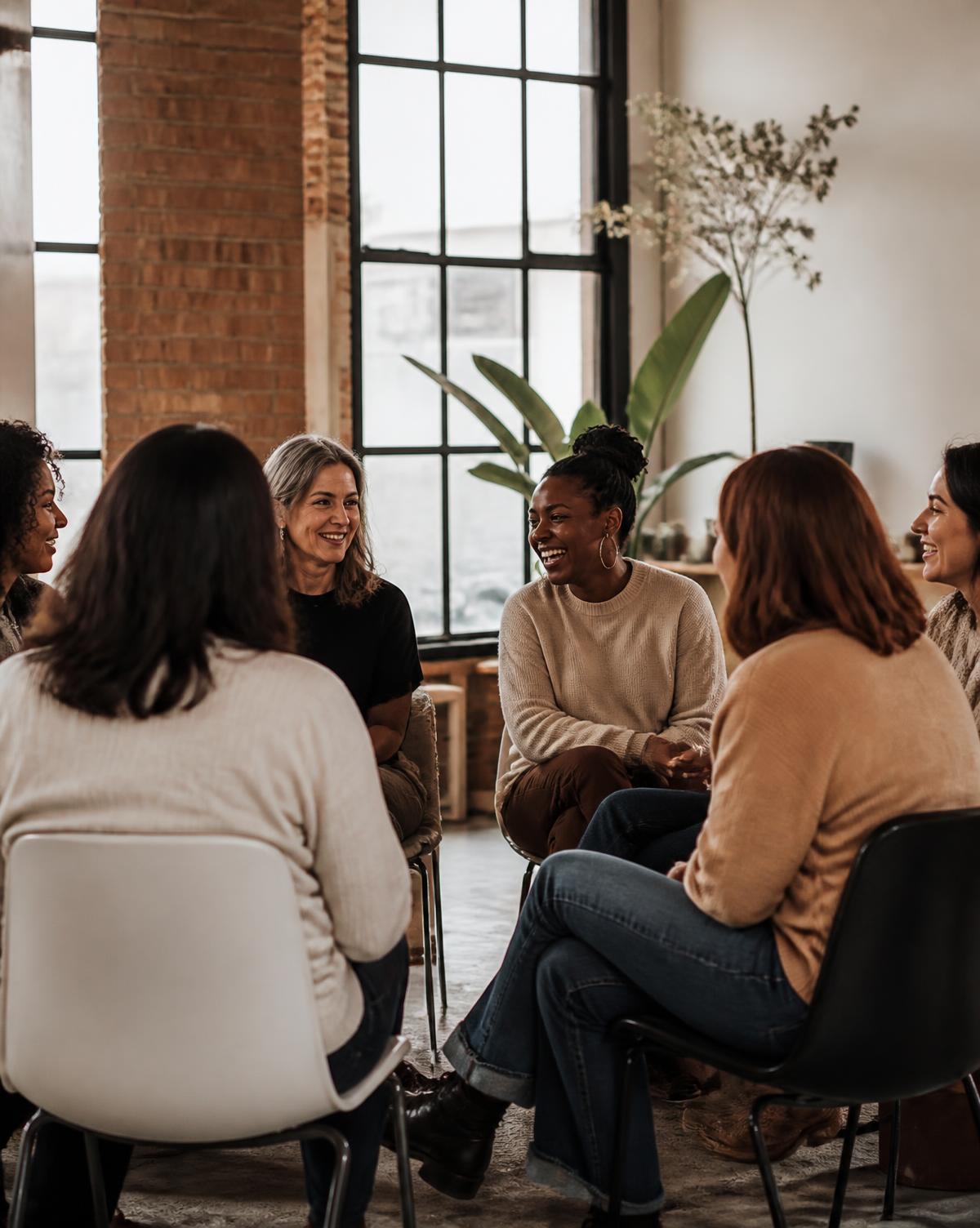 Women gathered in a circle, talking and laughing during an Alloy workshop