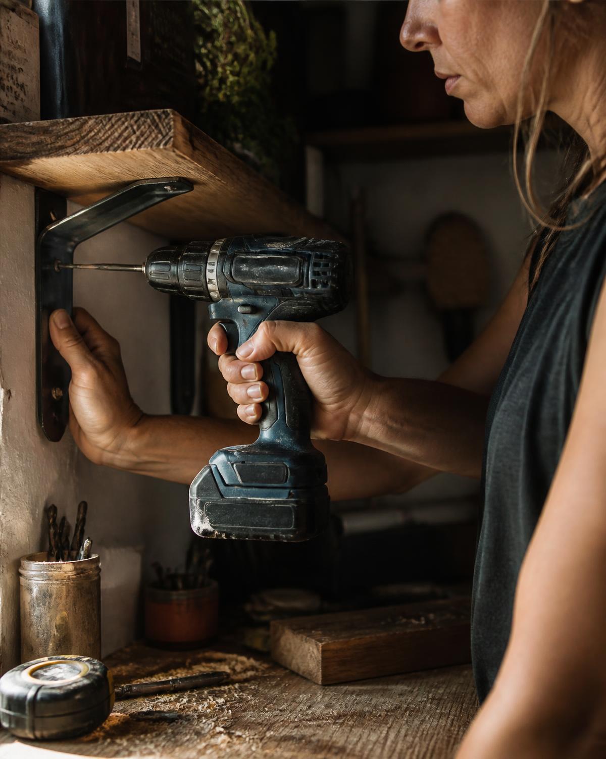 Close view of a woman's hands driving a screw with a cordless drill